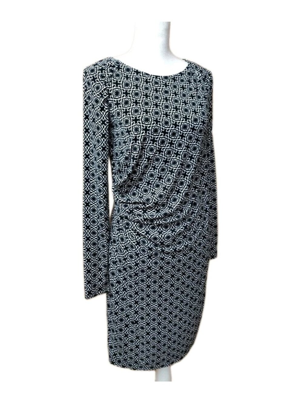 LOFT Black and White Mosaic Side Pleat Knee Length Long Sleeve Dress, Size S